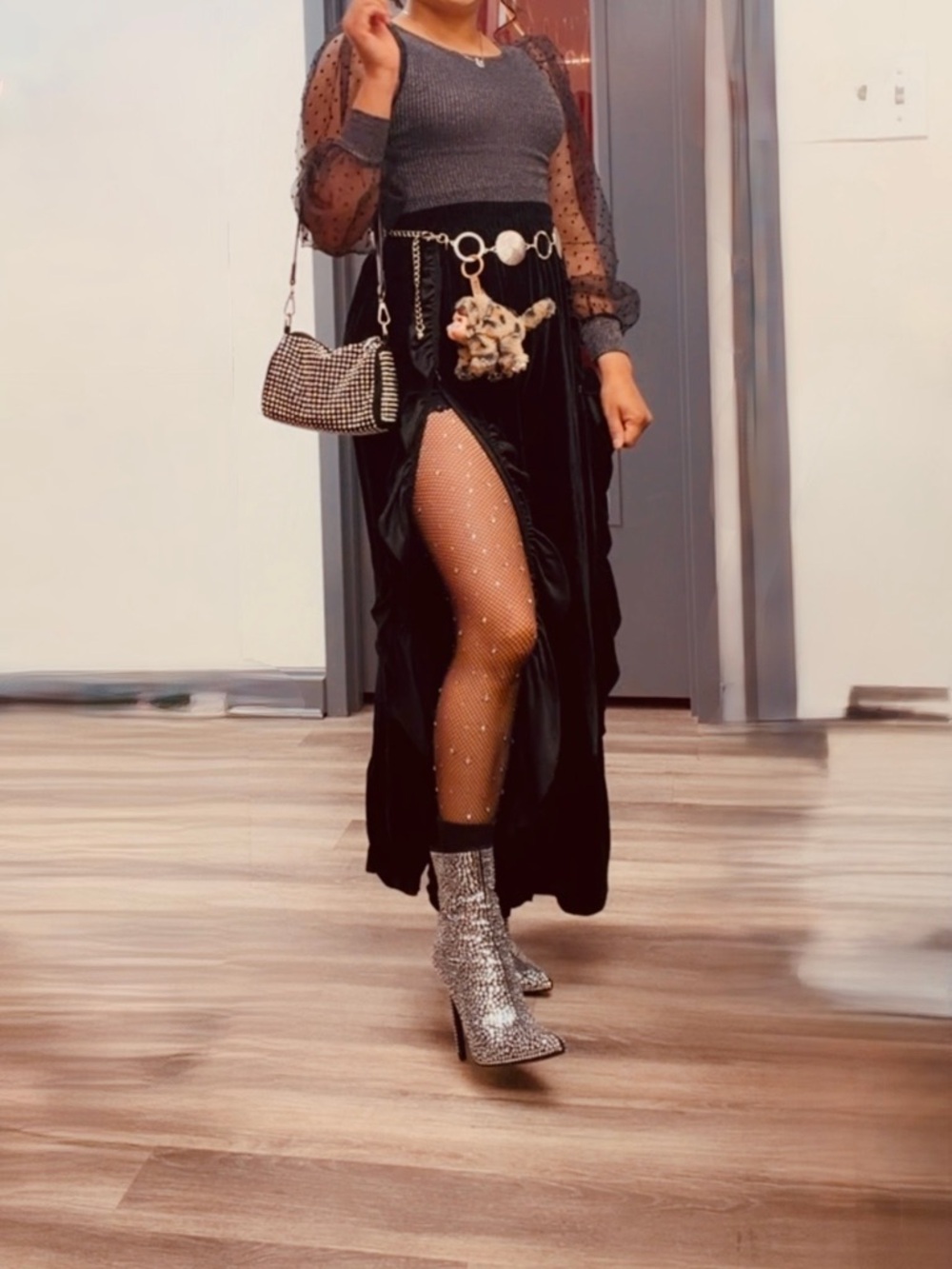 Dazzling Silver and Black Rhinestone Heeled Boots